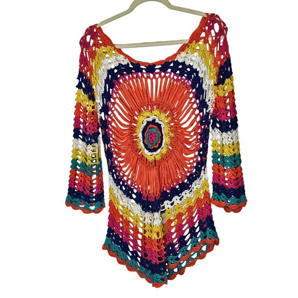 Handmade Tops - Crochet Bohemian Rainbow Tunic Round Mandala Design‎ 3/4 Sleeves Grandmacore S